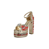 goosudu Luxury Gold Metallic Women Sandals Studded Square Heels Female Shoes Platform Flower Crystal Sexy Peep Toe Summer Ladies Pumps