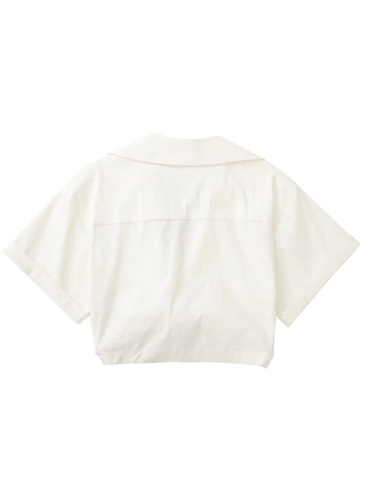 goosudu  Women's Crop Top Collared Short Sleeve Shirt Women Summer Knotted Linen Blouse Woman Streetwear Casual Blouses