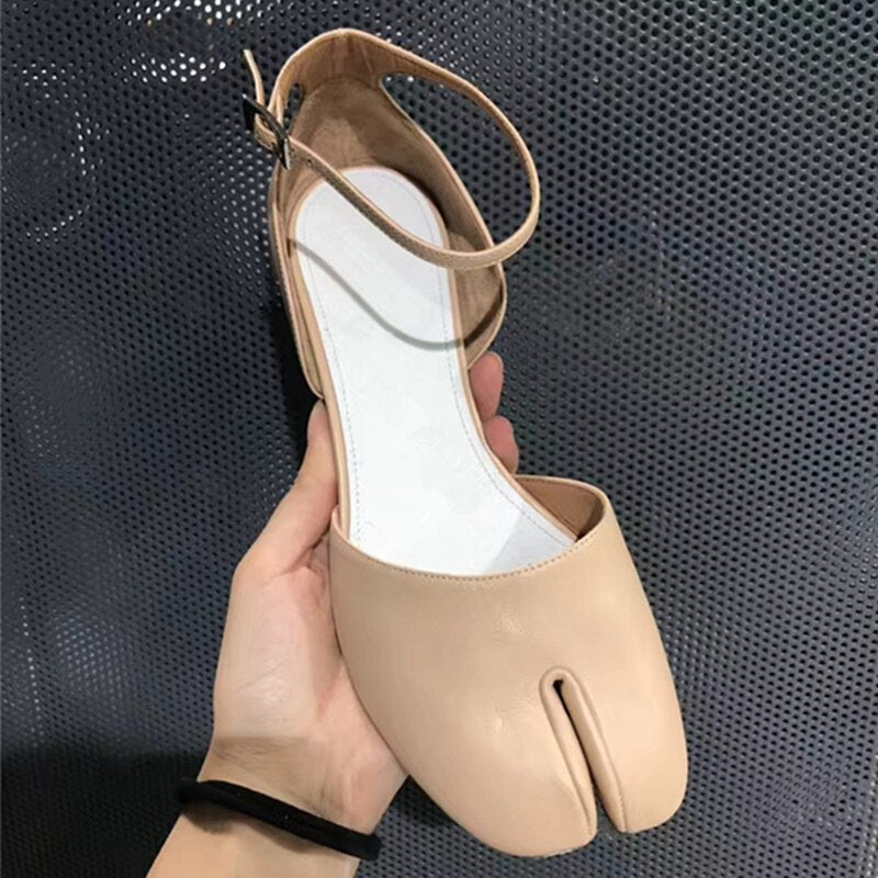 goosudu  Summer Women Mary Jane Real Pig Leather Shoes High Heels Round Heel Shoes Ballet Ankle Strap Pumps Ninja Split Toe Sandals