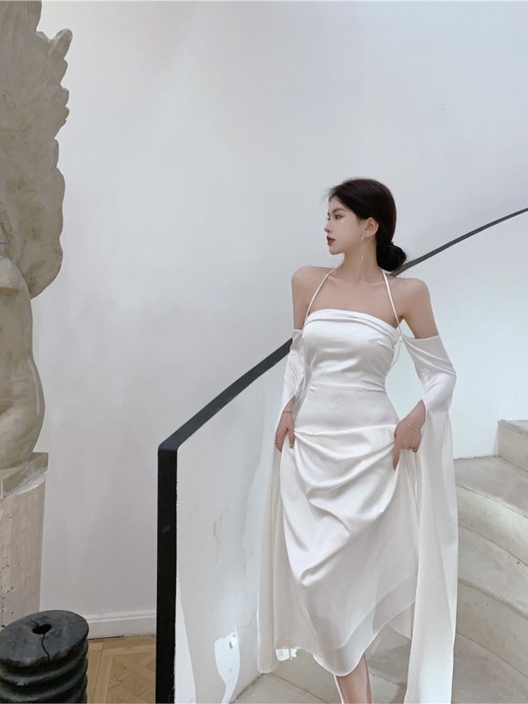 Women Summer Elegant Satin Silky Off Shoulder Slim White Cocktail Dress Lady Party Maxi Dress vestidos de fiesta para bodas