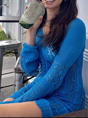 Women Deep V-neck Hollow Out Sexy Knitted Dresses Solid Long Sleeve Drawstring Mini dress Fashion Casual Spring Streetwear
