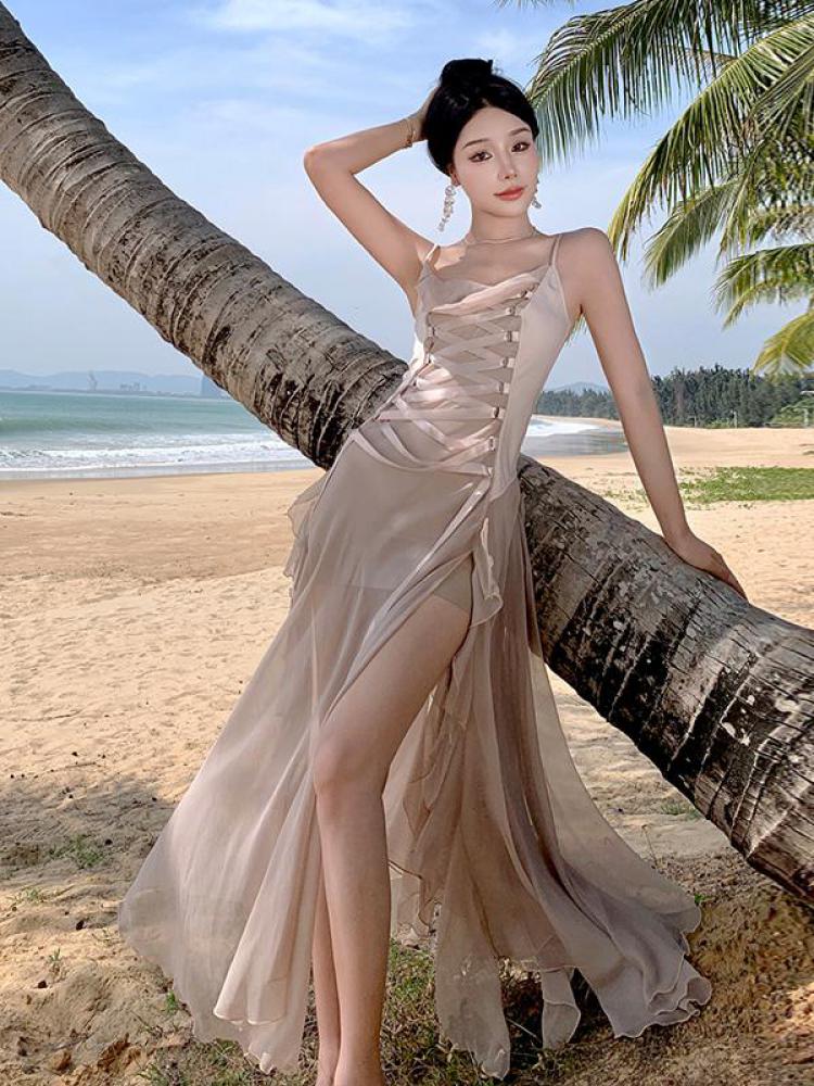 Women's Long Ball Princess Dresses Elegant Backless Spaghetti Strap Party Split Bandage Ruffled Dress Summer Sexy Fashion Boho