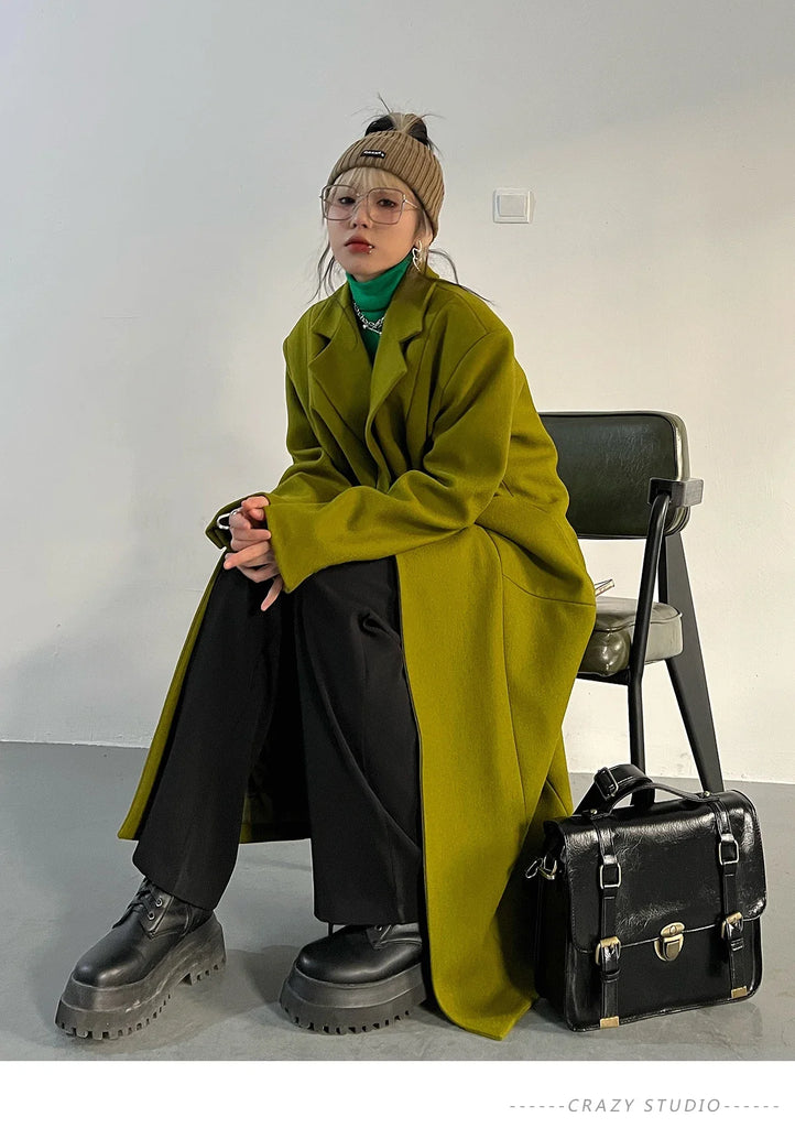 Lautaro Spring Autumn Long Green Oversized Trench Coat for Women Single Button Loose Luxury Casual Overcoat Korean Fashion