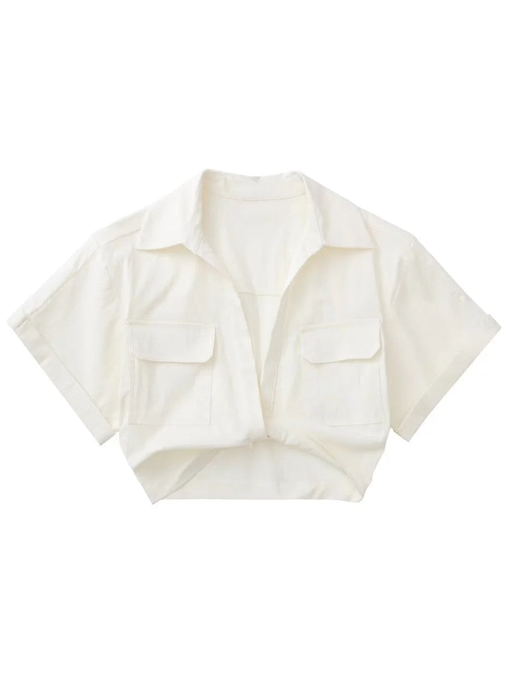 goosudu  Women's Crop Top Collared Short Sleeve Shirt Women Summer Knotted Linen Blouse Woman Streetwear Casual Blouses