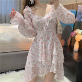 Goosudu Fairy Dress Holiday Irregular Floral Dress Square Collar Women's Spring Long Sleeved Princess Slim Fairy Dress Ruffle Short Dress Vacation