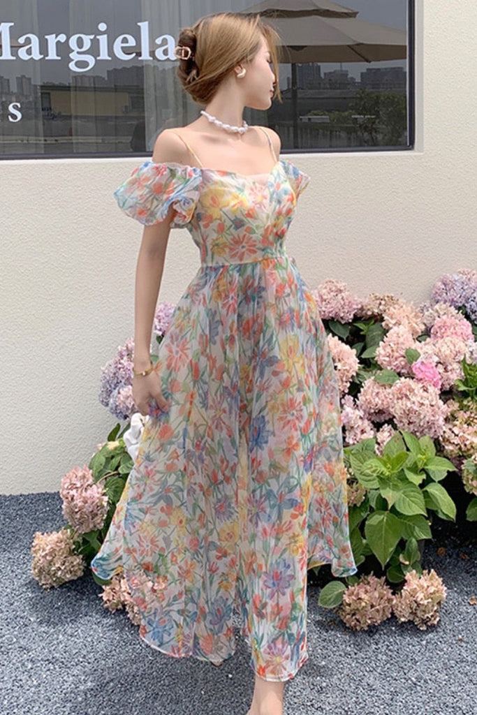 goosudu Women's Summer Floral Dress Spaghetti Strap Dress Backless Puff Sleeves Sweet A-line Off Shoulder Midi Dress Holiday