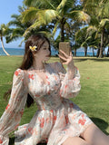 Long Sleeved Floral Dress Summer French Chiffon V-Neck Off Shoulder Slim Halterneck Mini Women Short Sundress Beachwe