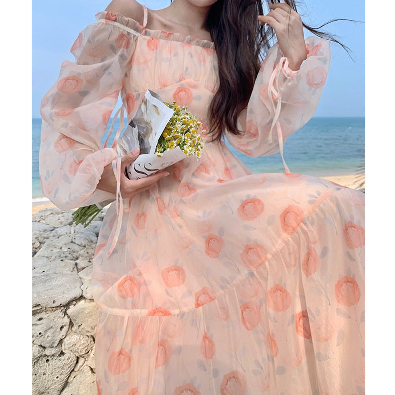 Holiday Pink Beach Dress Long Sleeve Floral Dress Women's Summer A-line Midi Princess Sweet Fairy Dress Sundress Femme Robe