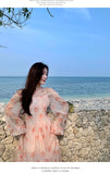 Holiday Pink Beach Dress Long Sleeve Floral Dress Women's Summer A-line Midi Princess Sweet Fairy Dress Sundress Femme Robe
