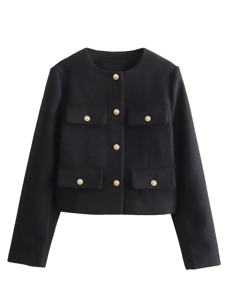 Fashon Tweed Jacket For Women Autumn Winter Long Sleeve Single Breasted Cropped Coat Female Solid O-neck Pocket Outwear Top
