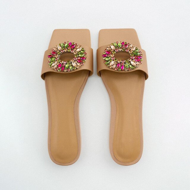 goosudu Women's Summer Gold Kbot Flat Sandal Sexy Thin Straps Luxury Slippers Square Toe Flip Flops Casual Beach Flats