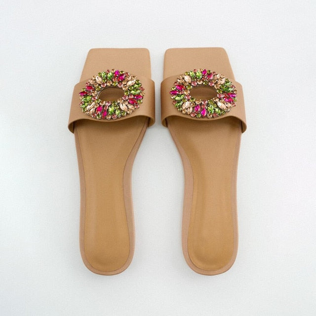 Women's Summer Gold Kbot Flat Sandal Sexy Thin Straps Luxury Slippers Square Toe Flip Flops Casual Beach Flats