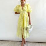 High Waist Lantern Sleeve V Neck Dress Solid Color Mesh Yarn Button Long Dress Casual Elegant Party Dresses Women Summer Vestido