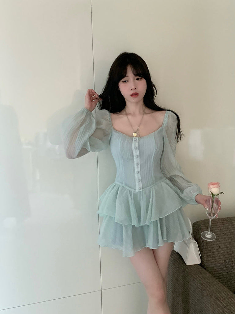 goosudu Fairy Dress Retro Cupcake Dress Square Neck Puff Sleeve Dress Women Chic Patchwork Spring New High Waist Long Sleeve Short Dress Summer