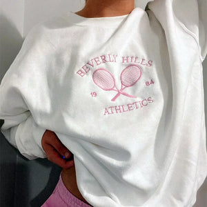 Black Friday Tennis Athletics Letters Embroidered Sweatshirts Women White Loose Spring Pullover Long Sleeve Retro Thin Cotton Casual Jumpers