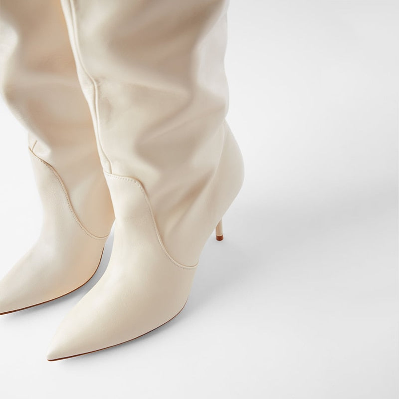 goosudu Ins Women Real Leather Knee High Boots For Women Winter Shoes Sexy Party Thin Heel Boots Ladies Footwear Size 34-43