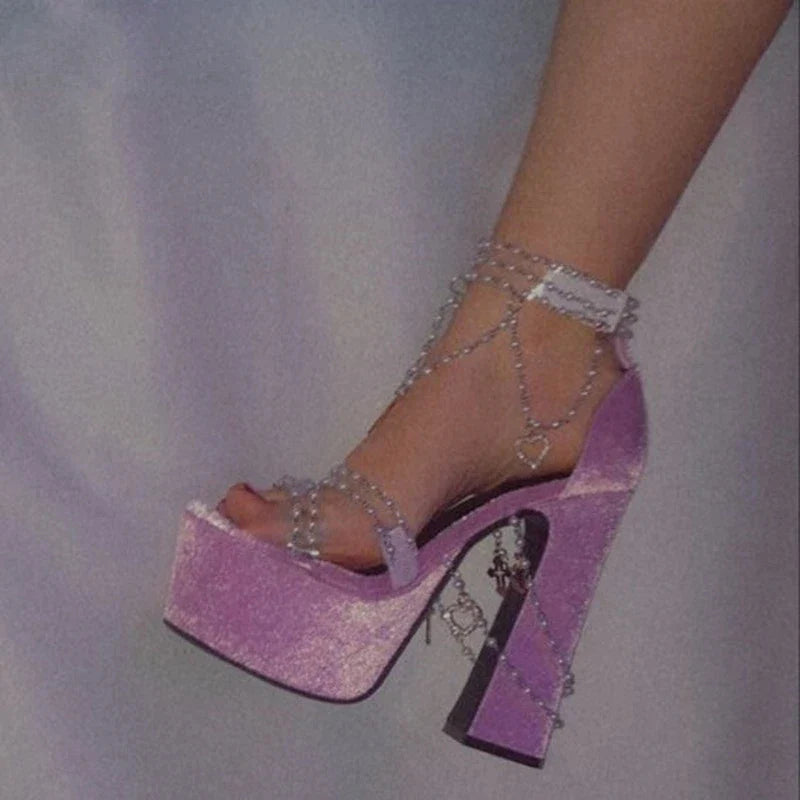 Fairy Girl's Pearl Beaded Platform Chunky Sandals Beading Necklace Chains Velvet High Heels Crystal Tassel One Line Lolita Shoes