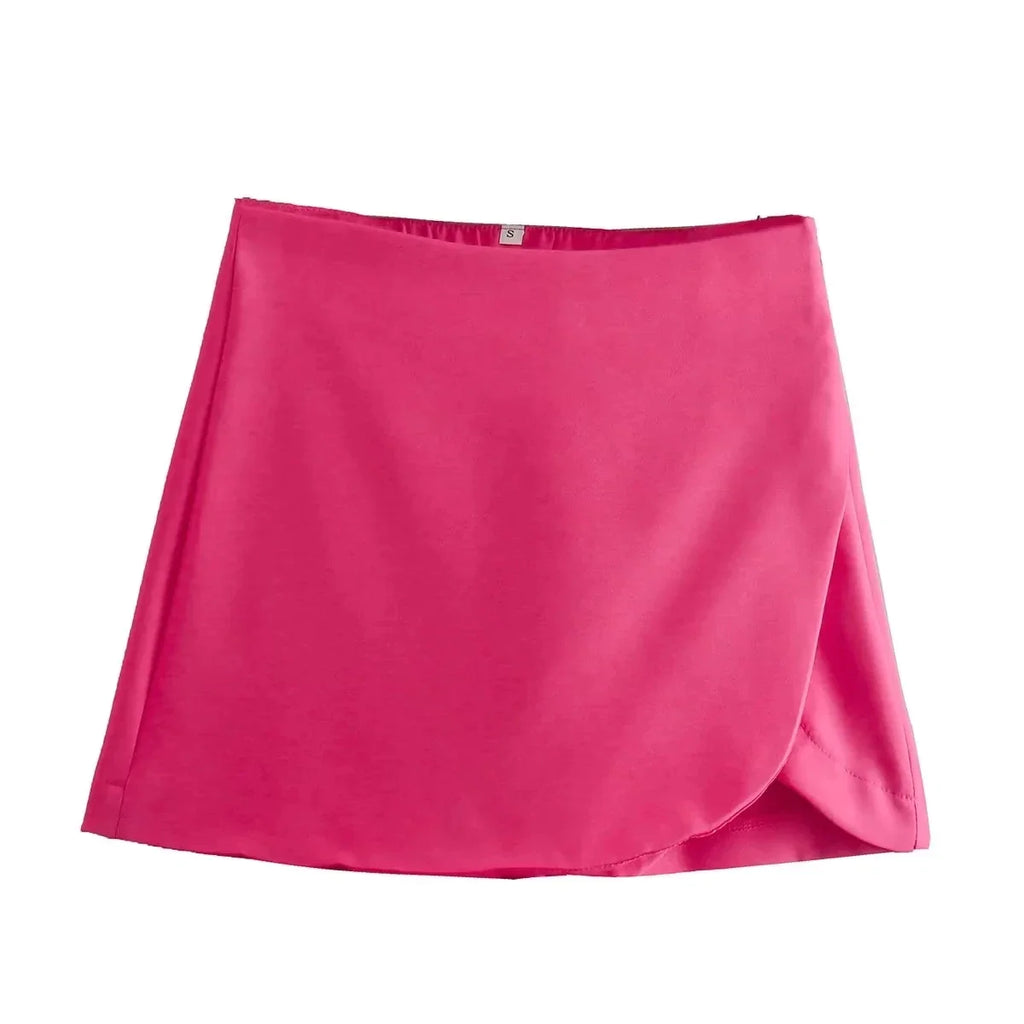 Women Fashion Casual Mini Asymmetrical Skirts Shorts High Waist Back Pockets Wide Leg Skirts Zipper Female Shorts