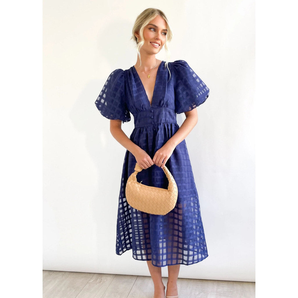 Lantern Sleeve Breasted Rose Red Vintage A-line Party Dress Plaid Transparent Zip Waist Elastic Summer Midi Boho Dress