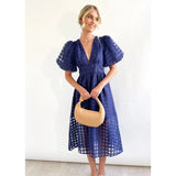 Lantern Sleeve Breasted Rose Red Vintage A-line Party Dress Plaid Transparent Zip Waist Elastic Summer Midi Boho Dress