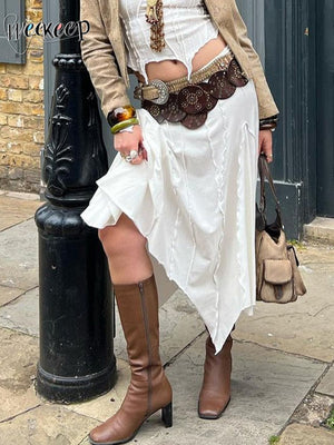 Loose Chic Irregular White Skirt Streetwear Elegant Stitched Summer Midi Skirts For Women Japanese y2k Aesthetic Outfits