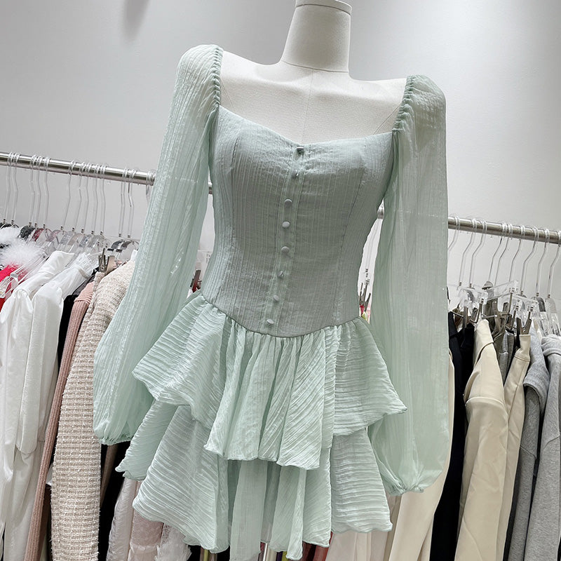 goosudu Fairy Dress Retro Cupcake Dress Square Neck Puff Sleeve Dress Women Chic Patchwork Spring New High Waist Long Sleeve Short Dress Summer