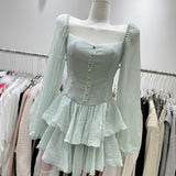 goosudu Fairy Dress Retro Cupcake Dress Square Neck Puff Sleeve Dress Women Chic Patchwork Spring New High Waist Long Sleeve Short Dress Summer