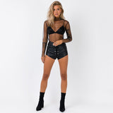 goosudu  See Through Diamond Beads Mesh Women Tops Black Long Sleeve Round Neck Short Tops Women Spring Skinny Fashion Streetwear