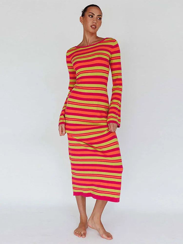 Sexy Backless Lace Up Women Striped Knitted Dress Fashion Slim O-neck Long Sleeve Midi Dresses Autumn Lady Chic Streetwear