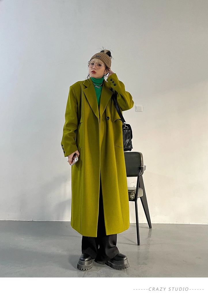 Lautaro Spring Autumn Long Green Oversized Trench Coat for Women Single Button Loose Luxury Casual Overcoat Korean Fashion
