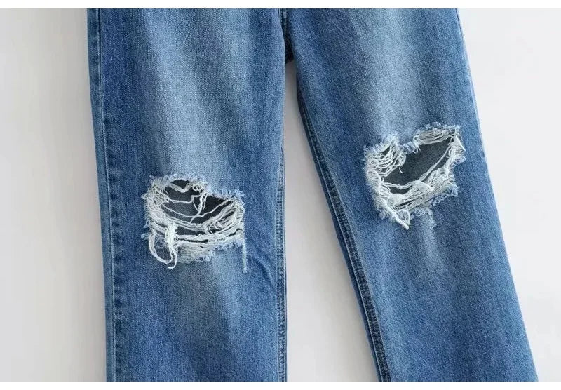 Ripped Jeans For Women  Streetwear Straight Denim Pants High Waist Long Denim Trousers Women Hollow Out Jeans