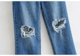 Ripped Jeans For Women  Streetwear Straight Denim Pants High Waist Long Denim Trousers Women Hollow Out Jeans