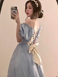 Vintage Elegant Midi Dresses Women Spring Blue Patchwork Retro Evening Party Dress French Sweet Korean Princess Fairy Dress