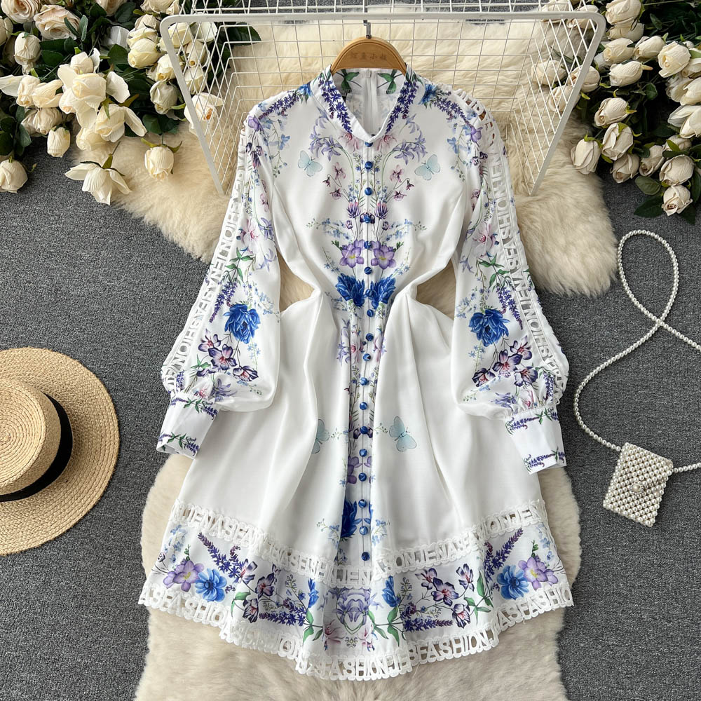 Women's Vintage Lantern Sleeve Knee Length Dress Spring Summer Long Sleeve lace a line dress lady half high collar dress