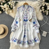 Women's Vintage Lantern Sleeve Knee Length Dress Spring Summer Long Sleeve lace a line dress lady half high collar dress