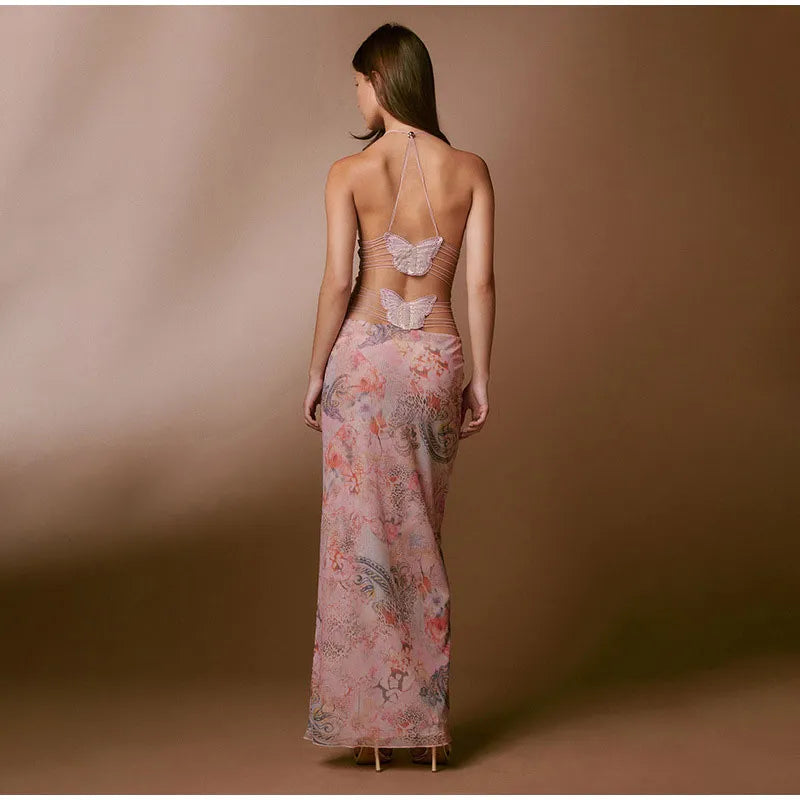 Backless Print Chic Butterfly Maxi Dress For Women Sexy Spaghetti Straps V Neck Halter Bodycon Hot Girls Club Party Vestidos
