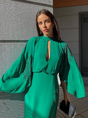 Beading Dark Green Stand Collar Flare Sleeve Satin Maxi Dress Party Women Elegant Long Spring Summer Robe Vestidos