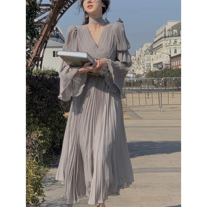 Spring Elegant V-Neck Midi Dress Office Lady Long Sleeve Casual One Piece Dress Korean French Vintage Chiffon Dress Women