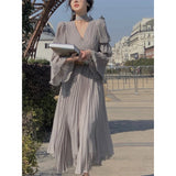 Spring Elegant V-Neck Midi Dress Office Lady Long Sleeve Casual One Piece Dress Korean French Vintage Chiffon Dress Women