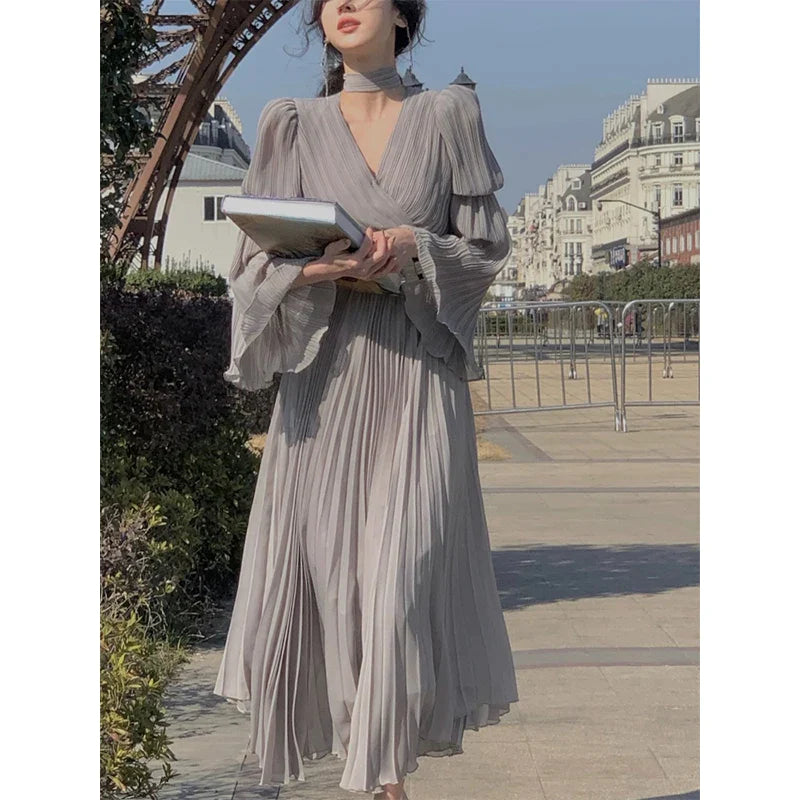 Spring Elegant V-Neck Midi Dress Office Lady Long Sleeve Casual One Piece Dress Korean French Vintage Chiffon Dress Women