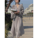 Spring Elegant V-Neck Midi Dress Office Lady Long Sleeve Casual One Piece Dress Korean French Vintage Chiffon Dress Women