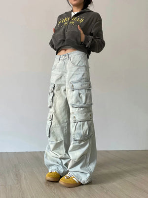 Cargo Jeans Women Y2k Vintage Distressed Multi-pocket Trousers Winter Fashion Original Streetwear Grunge Baggy Wide Denim Pants