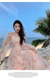 Holiday Pink Beach Dress Long Sleeve Floral Dress Women's Summer A-line Midi Princess Sweet Fairy Dress Sundress Femme Robe