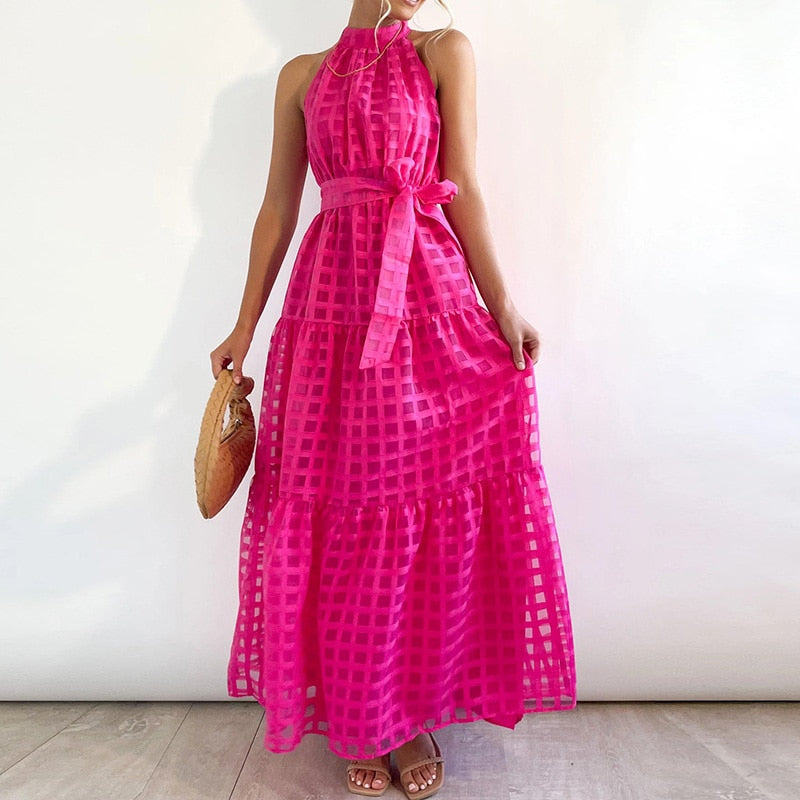 Women Elegant Loose Pleated Long Party Dress Ladies Summer Sexy Sleevelss Dress Fashion High Street Cascading Ruffle Maxi Dress