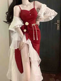 French Vintage Fairy Mermaid Dress Women Lace Korean Party Princess Strap Dress Female  Spring Court Sweet Lolita Midi Dress