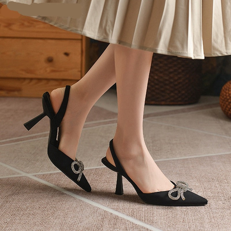 goosudu Summer Ladies Elegant Slingback Shoes Fashion Crystal Bow-knot Women Sandal Thin High Heel Pointed Toe Mules Pumps