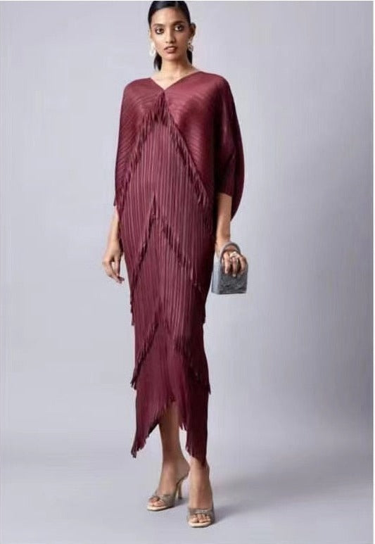 Pleated Dress Woman  Tassel Batwing Sleeve Loose Casual Style V Collar Long Dresses  Summer  Fashion Fast Delivery