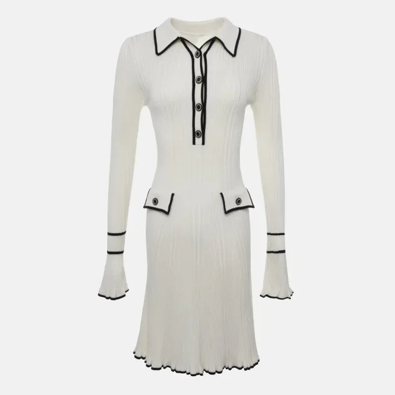 Ruffled Fashion Knit Dress Women Autumn Ribbed Contrast Long Sleeve High Waist Lapel Gown Dress Knitwear Ladies Maxi Dress