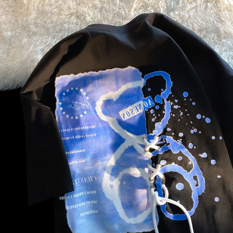 Hip Hop Sky Blue Creative Bear Drawstring Graphic T Shirts Kawaii Clothes Korean Fashion Oversized Short Sleeve Tops Summer