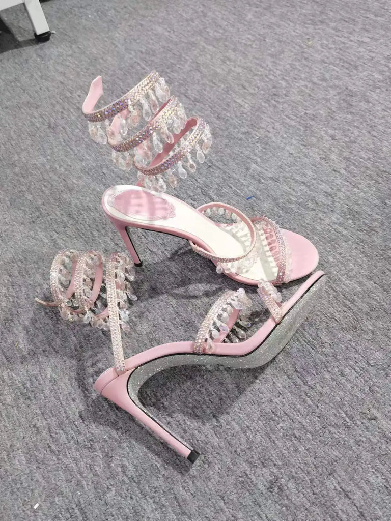 Wedding Fairy Wind Quality Women's Shoes Party Banquet Stiletto High-heel Sexy Snake Wrap Strap Luxury Rhinestone Ankle Sandals